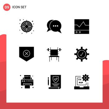 Pictogram Set of 9 Simple Solid Glyphs of dumbbell x ecg shield protect Editable Vector Design Elements
