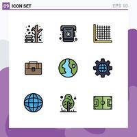 Modern Set of 9 Filledline Flat Colors Pictograph of earth case color suitcase grid Editable Vector Design Elements