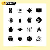 Mobile Interface Solid Glyph Set of 16 Pictograms of hand tracking announcement youtube video Editable Vector Design Elements