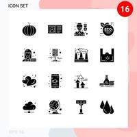 Mobile Interface Solid Glyph Set of 16 Pictograms of city journalist pilot female anchor eco leaf Editable Vector Design Elements