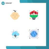 Set of 4 Vector Flat Icons on Grid for baby weather bouquet gift cloud Editable Vector Design Elements