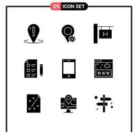 Group of 9 Solid Glyphs Signs and Symbols for ipad test hotel sign science research Editable Vector Design Elements