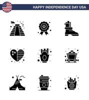 Set of 9 Vector Solid Glyphs on 4th July USA Independence Day such as fries chips shose usa country Editable USA Day Vector Design Elements
