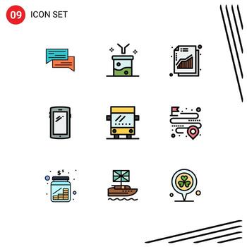 Mobile Interface Filledline Flat Color Set of 9 Pictograms of smart phone chart data analytics revenue increase Editable Vector Design Elements