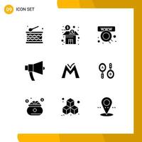 9 conjunto de glifos sólidos universales para aplicaciones web y móviles unidad monetaria comercio de megáfono anuncios ruidosos elementos de diseño vectorial editables vector