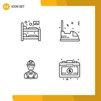 Mobile Interface Line Set of 4 Pictograms of bed worker sleep travel carpenter Editable Vector Design Elements