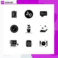 Group of 9 Modern Solid Glyphs Set for plant mario communication game tick Editable Vector Design Elements