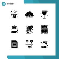 Modern Set of 9 Solid Glyphs and symbols such as security world drinks life education Editable Vector Design Elements