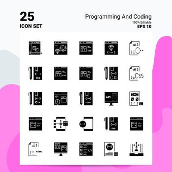 25 conjunto de iconos de programación y codificación 100 archivos editables eps 10 ideas de concepto de logotipo de empresa diseño de icono de glifo sólido vector