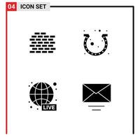 Mobile Interface Solid Glyph Set of 4 Pictograms of wall live day horseshoe world wide Editable Vector Design Elements
