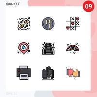 Mobile Interface Filledline Flat Color Set of 9 Pictograms of mall location game map fire Editable Vector Design Elements