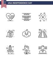 Happy Independence Day Pack of 9 Lines Signs and Symbols for usa pumkin fire chips food Editable USA Day Vector Design Elements