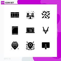 Group of 9 Modern Solid Glyphs Set for via coin lost virus internet connection Editable Vector Design Elements