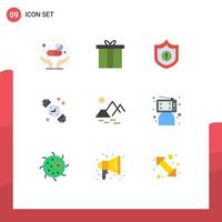 Flat Color Pack of 9 Universal Symbols of farming mountain guard environment hand watch Editable Vector Design Elements