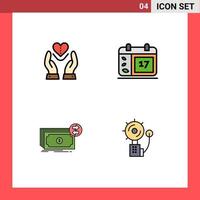 Mobile Interface Filledline Flat Color Set of 4 Pictograms of care banknotes heart day dollars Editable Vector Design Elements