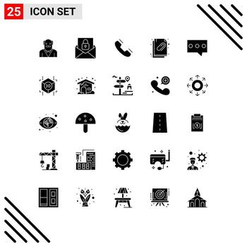 Modern Set of 25 Solid Glyphs Pictograph of bubble document call attachment ring Editable Vector Design Elements