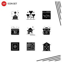 User Interface Pack of 9 Basic Solid Glyphs of garden shop interface monday trolley Editable Vector Design Elements
