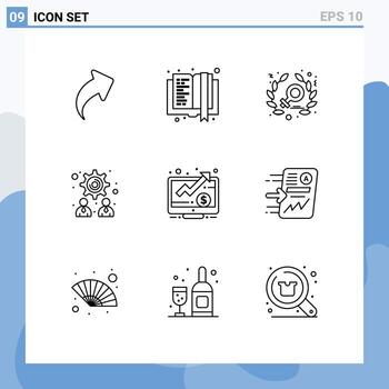 Set of 9 Vector Outlines on Grid for file up power money teamwork Editable Vector Design Elements