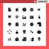 Modern Set of 25 Solid Glyphs Pictograph of media control fast media sign holding Editable Vector Design Elements