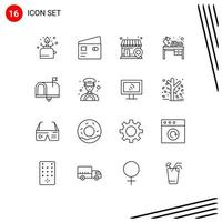 Pictogram Set of 16 Simple Outlines of study table interior pay desk search Editable Vector Design Elements