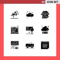 Pack of 9 creative Solid Glyphs of detection banking design analysis laptop Editable Vector Design Elements