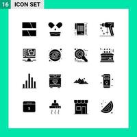 Modern Set of 16 Solid Glyphs Pictograph of window computer paper tool perforator Editable Vector Design Elements