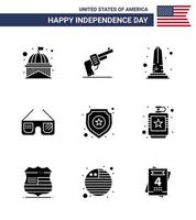 9 signos de glifo sólido de estados unidos celebración del día de la independencia símbolos de gafas de estados unidos gafas de sol americanas elementos de diseño de vector de día de estados unidos editables de estados unidos