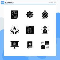 9 User Interface Solid Glyph Pack of modern Signs and Symbols of safe giving compass favorite location Editable Vector Design Elements