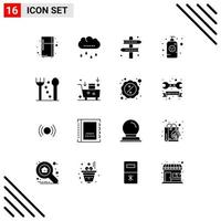 Universal Icon Symbols Group of 16 Modern Solid Glyphs of fork lotion bottle athletics lotion baby lotion Editable Vector Design Elements