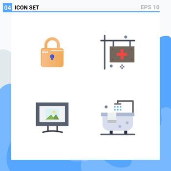 Set of 4 Modern UI Icons Symbols Signs for louck monitor security flag photo Editable Vector Design Elements