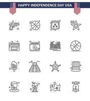 Editable Vector Line Pack of USA Day 16 Simple Lines of film cinema security usa american Editable USA Day Vector Design Elements