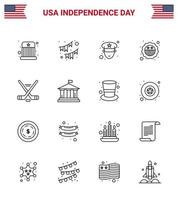 Pack of 16 USA Independence Day Celebration Lines Signs and 4th July Symbols such as ice sport flag garland badge american Editable USA Day Vector Design Elements