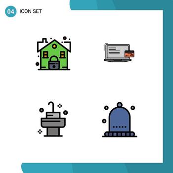 Mobile Interface Filledline Flat Color Set of 4 Pictograms of estate sink security computer room Editable Vector Design Elements