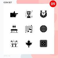 Pack of 9 Modern Solid Glyphs Signs and Symbols for Web Print Media such as note sport golden rings fitness Editable Vector Design Elements