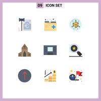 Pack of 9 creative Flat Colors of achievements atm scale cross house Editable Vector Design Elements