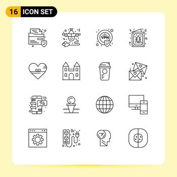 Pictogram Set of 16 Simple Outlines of favorite heart encryption invitation card Editable Vector Design Elements