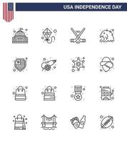 feliz día de la independencia paquete de iconos de 16 líneas para web y escudo de impresión american hokey eagle animal editable usa day elementos de diseño vectorial vector