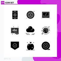 Mobile Interface Solid Glyph Set of 9 Pictograms of cloud learn monitor chalk abc Editable Vector Design Elements