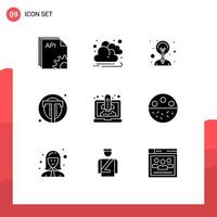 Editable Vector Line Pack of 9 Simple Solid Glyphs of launching web creativity user photo Editable Vector Design Elements