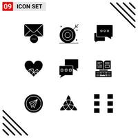 Group of 9 Modern Solid Glyphs Set for chatting like shooting target love bubble Editable Vector Design Elements