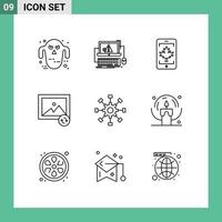 Pack of 9 creative Outlines of cogwheel sync system photo leaf Editable Vector Design Elements