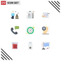 Mobile Interface Flat Color Set of 9 Pictograms of time conversation circuit contact us communication Editable Vector Design Elements