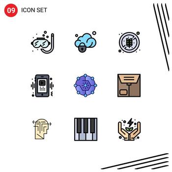 Pack of 9 creative Filledline Flat Colors of computing player no diet video phone Editable Vector Design Elements