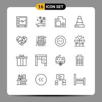 Pictogram Set of 16 Simple Outlines of heart construction protection cone photo Editable Vector Design Elements