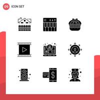 Set of 9 Vector Solid Glyphs on Grid for movie cinema music camera egg Editable Vector Design Elements