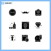 Mobile Interface Solid Glyph Set of 9 Pictograms of drink protection male protected internet Editable Vector Design Elements