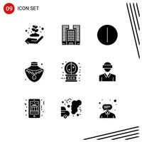 colección de 9 iconos vectoriales en estilo sólido símbolos de glifo perfecto de píxel para web y móvil signos de icono sólido sobre fondo blanco 9 iconos fondo de vector de icono negro creativo