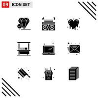 Editable Vector Line Pack of 9 Simple Solid Glyphs of email hardware crazy love computer park Editable Vector Design Elements