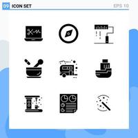 Universal Icon Symbols Group of 9 Modern Solid Glyphs of caravan camp development soup medical Editable Vector Design Elements