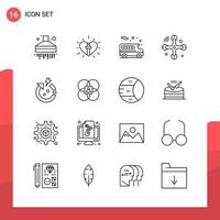 Pack of 16 Universal Outline Icons for Print Media on White Background Creative Black Icon vector background